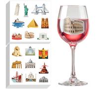 GLOBLELAND 16 Sheets 144 Pcs Famous Buildings Glass Drink Markers Landscape Wine Stickers for Glasses Sphinx Louvre Self-adhesive Wine Stickers for Tasting Party BBQ Wedding