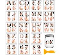 GLOBLELAND 18 Sheets A-Z Flowers Letters and 0-9 Numbers Transfer Stickers 3.9x3.6inch Vintage Flowers and Leaves Decals Stickers Rub on Transfer for Art Crafts Furniture Glass Mason Jar Decorations