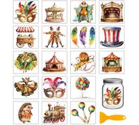 GLOBLELAND 18 Sheets Amusement Park Transfer Stickers 3.9x3.6 Inch Carnival Colorful Transfer Decal Masquerade Ball Rub on Transfer for Cup Decal Vase Glass Art Crafts Decorations