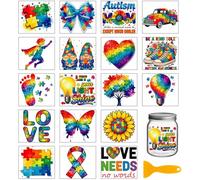 GLOBLELAND 18 Sheets Autism Awareness Transfer Stickers 3.9x3.6 Inch Heart Colorful Transfer Decal Flowers Butterfly Rub on Transfer for Cup Decal Vase Glass Art Crafts Decorations