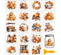 GLOBLELAND 18 Sheets Autumn Pumpkin Rub on Transfers for Crafts Fall Thanksgiving Florals Waterproof UV DTF Cup Wraps Decals Stickers for Water Glass Bottle Vase Porcelain