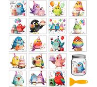GLOBLELAND 18 Sheets Birthday Cartoon Birds Transfer Stickers 3.9x3.6inch Cute Birds Rub on Transfer Stickers Colorful Decal for Furniture Vase Glass Mason Jar Decorations Art Crafts