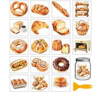 GLOBLELAND 18 Sheets Bread Cooking Rub on Transfers Doughnut Foods Waterproof UV DTF Cup Wraps Decals 3.9x3.6inch Bread Display Rack Transfer Stickers for Water Cup Glass Bottle Vase Crafts