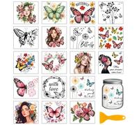 GLOBLELAND 18 Sheets Butterfly Rub on Transfer 3.9x3.6inch Colorful Dandelion Lady Home Decals Woman Flower Cup Transfer Decals for Furniture Vase Glass Art Crafts Decorations