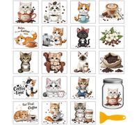 GLOBLELAND 18 Sheets Coffee Cats Rub on Transfers Sticker for Vase Crafts 3.9x3.6inch Colorful Coffee UV DTF Cup Wraps Decals Cute Animals Transfer Stickers for Furniture Cup Glass Bottle Decors