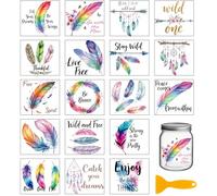 GLOBLELAND 18 Sheets Colorful Feathers Rub on Transfers Sticker for Vase 3.9x3.6inch Inspirational Words UV DTF Cup Wraps Decals Dream Catchers Transfer Stickers for Furniture Glass Bottle Decors