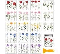 GLOBLELAND 18 Sheets Colorful Flowers Rub on Transfers Sticker for Vase 3.9x3.6inch Vintage Wildflowers UV DTF Cup Wraps Decals Retro Florals Plants Transfer Stickers for Furniture Glass Bottle Decors