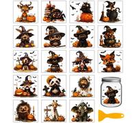 GLOBLELAND 18 Sheets Colorful Halloween Animals Rub on Transfers for Vase Crafts 3.9x3.6inch Black Cats UV DTF Cup Wraps Decals Pumpkin Bats Transfer Stickers for Furniture Glass Bottle Decorations