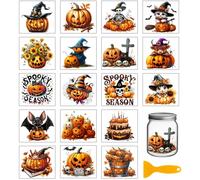 GLOBLELAND 18 Sheets Colorful Halloween Pumpkins Rub on Transfers for Vase Crafts 3.9x3.6inch Animals UV DTF Cup Wraps Decals Skulls Bats Transfer Stickers for Furniture Glass Bottle Decorations