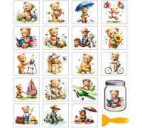 GLOBLELAND 18 Sheets Cute Bear Transfer Stickers 3.9x3.6inch Flower Colorful Fishing Transfer Decal Rub on Transfer for Cup Decal Vase Glass Art Crafts Decorations