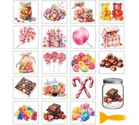 GLOBLELAND 18 Sheets Dream Candy Rub on Transfers Chocolates Waterproof UV DTF Cup Wraps Decals 3.9x3.6inch Sugar Beans Lollipops Transfer Stickers for Water Cup Glass Bottle Vase Crafts