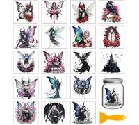 GLOBLELAND 18 Sheets Gothic Fairy Rub on Transfer Sticker for Vase 3.9x3.6inch Halloween Dark Fairy UV DTF Cup Wraps Decals Butterfly Wings Elf Rose Transfer Stickers for Furniture Glass Bottle Decor