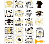 GLOBLELAND 18 Sheets Graduation Transfer Stickers 3.9x3.6inch Colorful Graduation Cap Rub on Transfer Gold Text Words Cup Transfer Stickers for Furniture Vase Glass Art Crafts Decorations