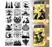 GLOBLELAND 18 Sheets Halloween Transfer Stickers 3.9x3.6inch Witch and Black Cat Decals Stickers Ghost House Rub on Transfer for Furniture Vase Glass Mason Jars Decorations Art Crafts