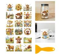 GLOBLELAND 18 Sheets Highland Cattle Rub on Transfer 3.9x3.6inch Colorful Sunflowers Butterflies Home Decals Flower Animals Insect Cup Transfer Decals for Furniture Vase Glass Art Crafts Decorations