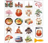 GLOBLELAND 18 Sheets Japan Rub on Transfer for Art Crafts 3.9x3.6inch Colorful Cherry Blossoms UV DTF Cup Wraps Decals Japan Kimono Sushi Transfer Stickers for Furniture Vase Glass Decorations