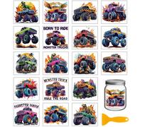GLOBLELAND 18 Sheets Monster Truck Transfer Stickers 3.9x3.6inch Transportation Dinosaurs Colorful Transfer Decal Rub on Transfer for Cup Decal Vase Glass Art Crafts Decorations