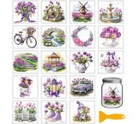 GLOBLELAND 18 Sheets Purple Tulips Flowers Transfer Stickers 3.9x3.6inch Colorful Objects Scenery Transfer Decal Rub on Transfer for Cup Decal Vase Glass Art Crafts Decorations