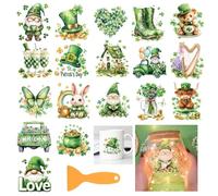 GLOBLELAND 18 Sheets Saint Patrick's Day Rub on Transfer 3.9x3.6inch Colorful Gnome Clover Home Decals Leaves Butterfly Rabbit Cup Transfer Decals for Furniture Vase Glass Art Crafts Decorations