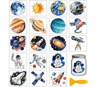 GLOBLELAND 18 Sheets Sun and Moon Rub on Transfers Earth Spaceship Waterproof UV DTF Cup Wraps Decals 3.9x3.6inch Satellite Astronaut Transfer Stickers for Water Cup Glass Bottle Vase Crafts