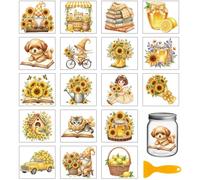 GLOBLELAND 18 Sheets Sunflower Gnome Transfer Stickers 3.9x3.6inch Yellow Dog and Cat Rub on Transfer Stickers Colorful Decal for Furniture Vase Glass Mason Jar Decorations Art Crafts