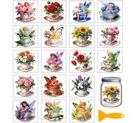 GLOBLELAND 18 Sheets Teacup Fairy Transfer Stickers 3.9x3.6inch Flowers Elf Rub on Transfer Stickers Colorful Decal for Furniture Vase Glass Mason Jar Decorations Art Crafts