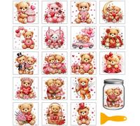 GLOBLELAND 18 Sheets Valentine's Day Teddy Bear Transfer Stickers 3.9x3.6inch Love Heart Bears Doll Transfer Decal Pink Roses Rub on Transfer for Furniture Vase Glass Art Crafts Decorations