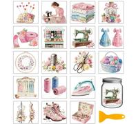 GLOBLELAND 18 Sheets Vintage Sewing Kit Rub on Transfers Sewing Machine Waterproof UV DTF Cup Wraps Decals 3.9x3.6inch Clothes Transfer Stickers for Water Cup Glass Bottle Vase Crafts