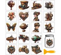 GLOBLELAND 18 Sheets Vintage Steampunk Rub on Transfers Metal Machinery Cars Waterproof UV DTF Cup Wraps Hot Air Balloon Decals Stickers for Water Glass Bottle Vase Crafts