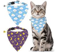 GLOBLELAND 2 Pack Stars Moon Dog Bandana Collar Pet Triangle Bibs with Bell Clouds Adjustable Dog Collar Cat Collars Scarf for Pets Kittens Puppy Cats Dogs