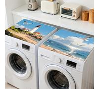 GLOBLELAND 2 Pcs Beach Lighthouse Washer Dryer Dust Cover Mat 60×60 cm Summer Seagulls Washer and Dryer Top Protector Pads Non Slip Washing Machine Top Covers for Laundry Room Living Room Kitchen
