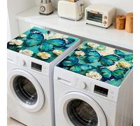 GLOBLELAND 2 Pcs Blue Green Butterfly Washer Dryer Dust Cover 23.6×23.6 inch Flower Washing Machine Top Protector Pads Non Slip Washing Machine Top Covers for Laundry Room Coffee Machine Placemat