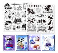 GLOBLELAND 2 Sheets Magic Dragon Clear Stamp for Scrapbooking 5.91x5.91inch Magic Book Silicone Stamps Moon Phase Stars Transparent Stamp Set for Card Making DIY Embossing Journaling