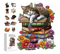 GLOBLELAND 200Pcs Book Pile Cat Wooden Jigsaw Puzzles for Adult 13.8x11.2inch Colorful Cute Animals Flowers Wood Puzzles for Aldult Christmas Halloween Birthday