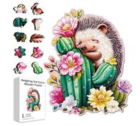 GLOBLELAND 200Pcs Hedgehog Hugs Succulent Cactus Wooden Jigsaw Puzzles for Adults 13.6x11.2inch Cute Cure Hedgehog Colorful Unique Animal Shaped Jigsaw Puzzles for Holidays Birthday