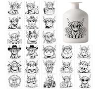 GLOBLELAND 25 Sheets Cute Highland Cow Lantern Stickers for Jar Black White Cattle Sticker Decals Cartoon Animals Adhesive Lantern Stickers Decals for Crafting Vase Windows Door Office