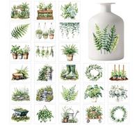 GLOBLELAND 25 Sheets Green Fern Plants Adhesive Lantern Stickers Eucalyptus Leaves Plastic Vase Decals Stickers 3.9x3.6 inch Jar Adhesive Decals for Window Lamp Glass Cup Vase Art Home Decor