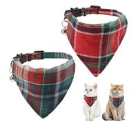 GLOBLELAND 2PCS Christmas Cat Collars Adjustable Puppy Bandana Collars Triangle Red Green Plaid with Removable Bell for Christmas Kitten Scarf Kittens