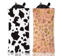 GLOBLELAND 2Pcs Leopard Print and Cow Print Soft Glasses Case Animal Texture Travel PU Leather Glasses Bag Squeeze Top Eyeglass Case Portable Sunglasses Pouch for Watches Phones Makeup Brushes