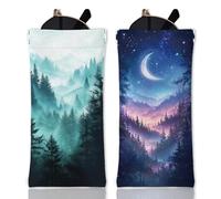 GLOBLELAND 2Pcs Mountains Soft Glasses Case Starry Sky Forest Travel PU Leather Glasses Bag Squeeze Top Eyeglass Case Crescent Moon Portable Sunglasses Pouch for Watches Phones Makeup Brushes