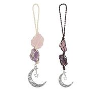 GLOBLELAND 2Pcs Natural Crystal Car Hanging Ornament Amethyst & Rose Quartz Moon Pendants Beads Hanging Suncatchers Decor for Car Rear View Mirror Hanging Accessories Wall Home Garden Decoration