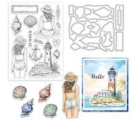 GLOBLELAND 2Pcs Summer Seaside Woman Clear Stamps and Cutting Dies Silicone Clear Stamps Cards and Metal Die Cuts for Card Making and DIY Embossing Scrapbooking
