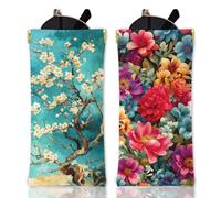 GLOBLELAND 2Pcs Vintage Oil Painting Flowers Soft Glasses Case Plum Blossom Tree Travel PU Leather Glasses Bag Flowers Portable Squeeze Top Eyeglass Case Pouch for Sunglasses Watches Phones Makeup