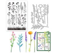 GLOBLELAND 2Pcs Wildflower Meadow Silhouette Clear Stamps and Cutting Dies Silicone Clear Stamps Cards and Metal Die Cuts for Card Making and DIY Embossing Scrapbooking