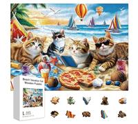 GLOBLELAND 300Pcs Beach Vacation Cat Wooden Jigsaw Puzzles for Adult 11.22x15.16inch Colorful Summer Cat Wood Puzzles Holiday Birthday Gifts for Aldult