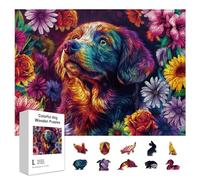 GLOBLELAND 300Pcs Colorful Dog and Flowers Wooden Jigsaw Puzzles for Adult 11.22x15.16inch Colorful Golden Retriever Wood Puzzles for Adults Christmas Halloween Birthday