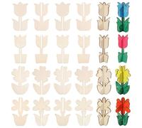 GLOBLELAND 32Pcs Flower Wooden Spring Ornaments for DIY Painting Decorations Adults 3D Paintable Unfinished Wood Slices Crafts for Birthday Easter Creativity Arts