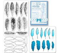 GLOBLELAND 3Set Layered Feathers Silicone Clear Stamps Metal Feathers Cutting Die Cuts PET Paint Craft Stencils Template for Card Making and DIY Embossing Scrapbooking Craft Decor