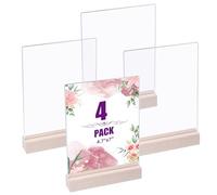 GLOBLELAND 4 Pack 4.7x7inch Acrylic Sign Holder Rectangle Clear Acrylic Frames Wood Base Slant Back Display Plastic Sign Holder Standing with Wood Base for Store Office