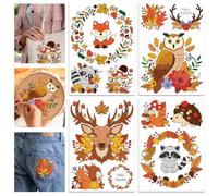 GLOBLELAND 4 Sheets Autumn Forest Animals Colourful Water Soluble Hand Sewing Stabilizers Flowers Wreath Wash Away Embroidery Stabilizer Deer Owl Embroidery Stitch Practice for Embroidery Beginners